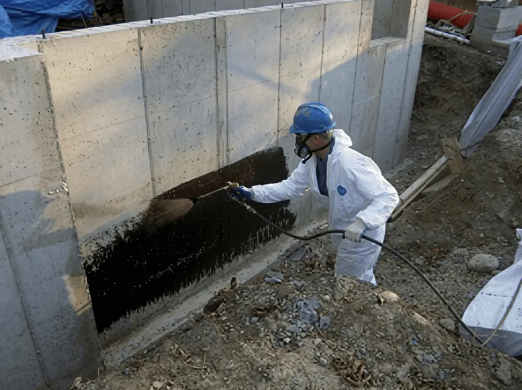 Professional waterproofing the exterior walls of the basement in Dayton, OH