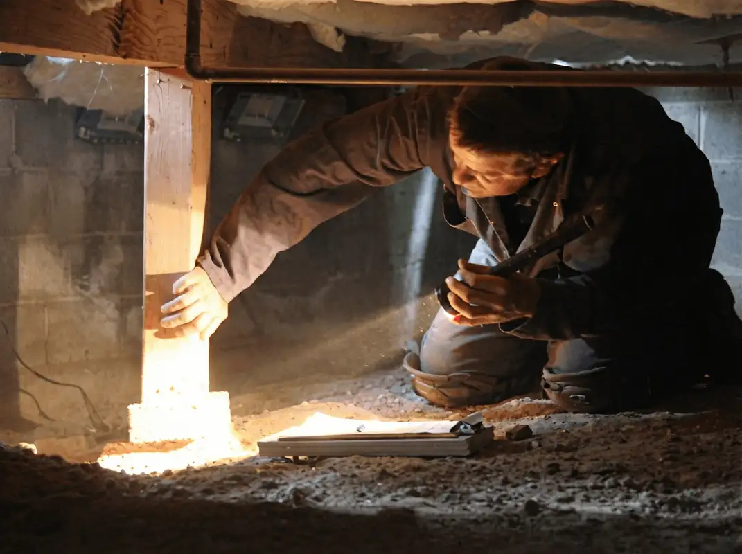 A professional inspecting wooden beams under the floor of a structure in Dayton, OH